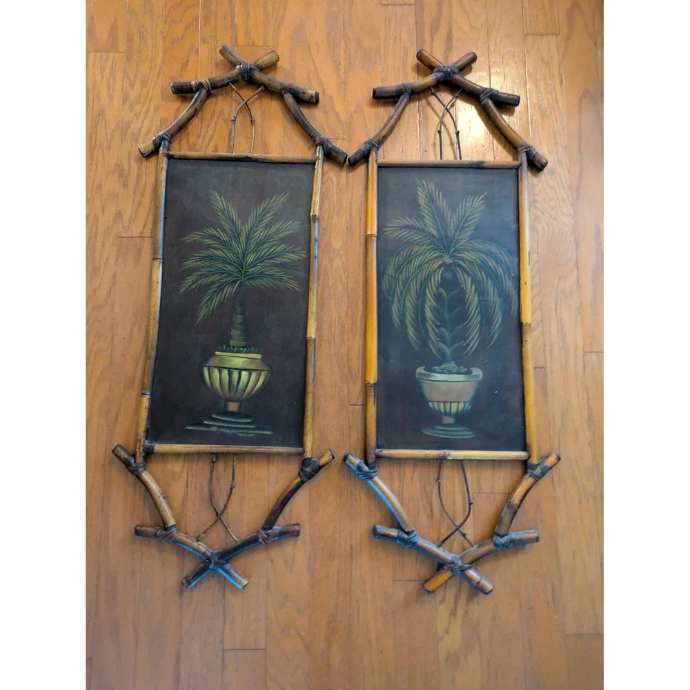 Set of 2 Bamboo Palm Tree Wall Art Tropical Decor Bombay Company 41‎ x 16 In